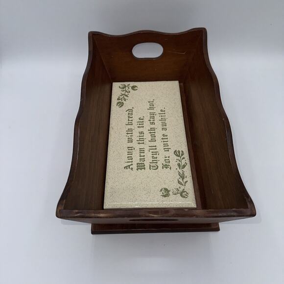 Antique Heated Tile Bread Dinner Rolls Serving Tray Wooden Tray 11” - Picture 2 of 6